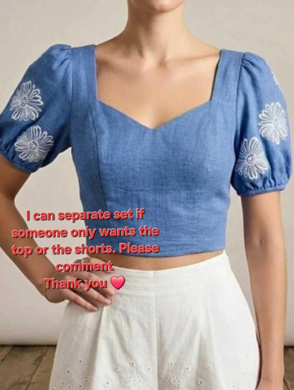 NWTs -Milk& Honey Set Blue Puff Sleeve Crop Top 💙 & White Lace Detail Shorts